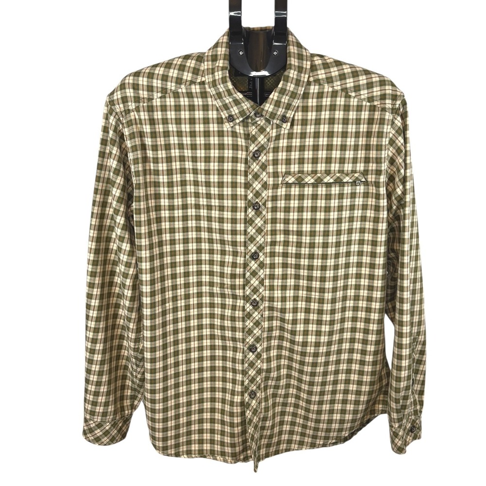 ExOfficio Mens Plaid Long Sleeve Button Down Shirt Green Brown Large PVJAG F13